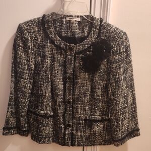 DKNY Black and White Cropped Blazer and Skirt with Tweed Texture Deatailed Trim.